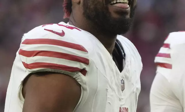 FILE - San Francisco 49ers wide receiver Jauan Jennings (15) against the Arizona Cardinals during the first half of an NFL football game, Sunday, Jan. 5, 2025, in Glendale, Ariz. (AP Photo/Rick Scuteri,File)