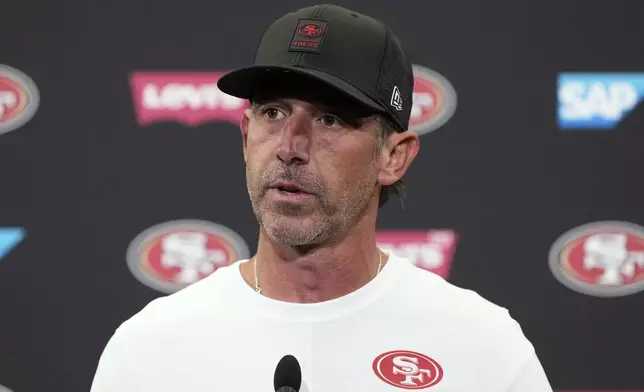 San Francisco 49ers head coach Kyle Shanahan speaks at news conference after an NFL preseason football game against the Los Angeles Chargers in Santa Clara, Calif., Saturday, Aug. 23, 2025. (AP Photo/Godofredo A. Vásquez)