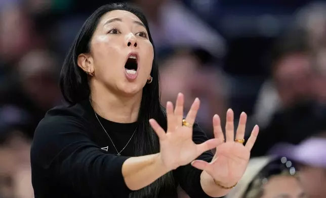 Golden State Valkyries head coach Natalie Nakase gestures during the second half of a WNBA basketball game against the Indiana Fever, Sunday, Aug. 31, 2025, in San Francisco. (AP Photo/Godofredo A. Vásquez)