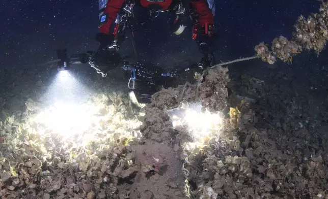 In this undated photo provided by the Greek Culture Ministry on Monday, Sept. 15, 2025, a diver carefully sifts to recover objects from the wreck site of the Britannic, sister ship to the Titanic, for the first time since the ocean liner sank in the Aegean Sea more than a century ago after striking a mine during World War I. (Greek Culture Ministry via AP)