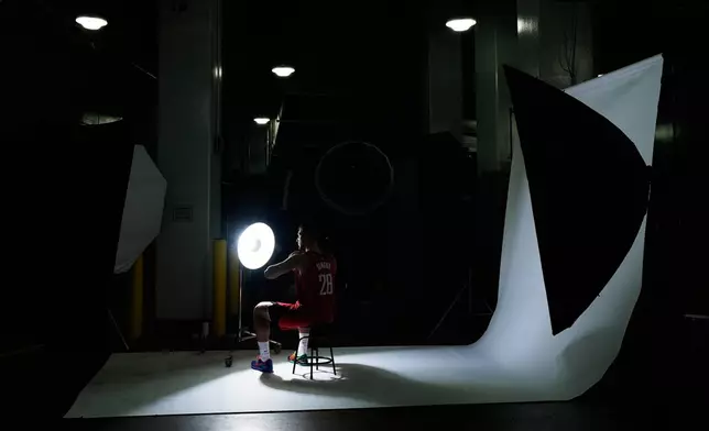 Houston Rockets center Alperen Sengun participates in the NBA basketball team's media day in Houston, Monday, Sept. 29, 2025. (AP Photo/Ashley Landis)