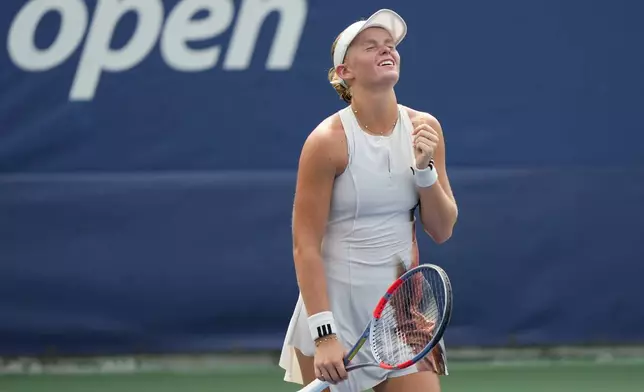 Jeline Vandromme, of Belgium, reacts after defeating Lea Nilsson, of Sweden, during the junior girls' singles final of the U.S. Open tennis championships, Saturday, Sept. 6, 2025, in New York. (AP Photo/Yuki Iwamura)
