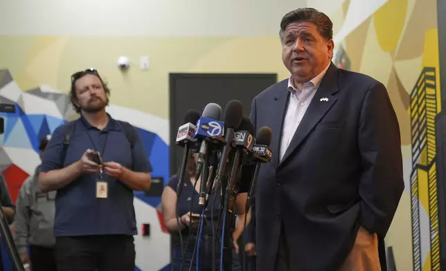 Illinois Gov. JB Pritzker speaks at a news conference after meeting with community violence intervention (CVI) leaders at an emergency response training to prepare for federal deployments in Chicago, Wednesday, Sept. 3, 2025. (AP Photo/Nam Y. Huh)