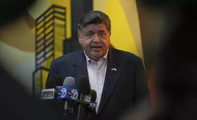 Illinois Gov. JB Pritzker speaks at a news conference after meeting with community violence intervention (CVI) leaders at an emergency response training to prepare for federal deployments in Chicago, Wednesday, Sept. 3, 2025. (AP Photo/Nam Y. Huh)