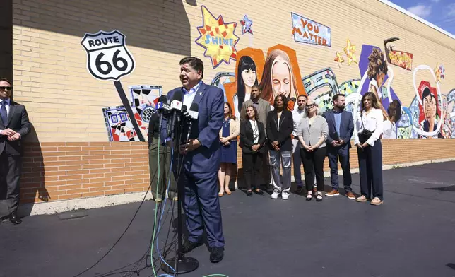 Gov. JB Pritzker speaks with reporters after visiting Prairie Oak Elementary School in Berwyn, Ill., Thursday, Sept. 4, 2025. (Anthony Vazquez/Chicago Sun-Times via AP, Pool)