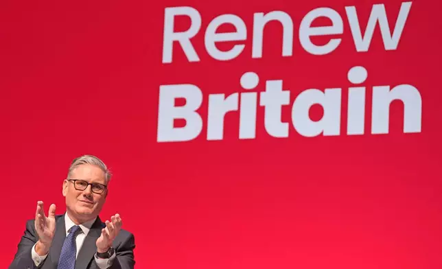 Britain's Prime Minister Keir Starmer attends the Labour Party Conference in Liverpool, England, Sunday Sept. 28, 2025. (Danny Lawson/PA via AP)