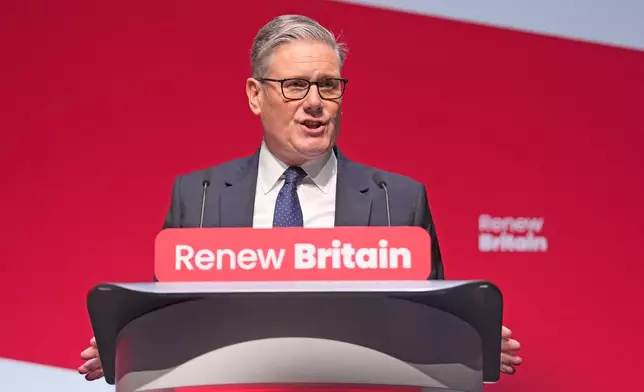 Britain's Prime Minister Keir Starmer speaks during the Labour Party Conference in Liverpool, England, Sunday Sept. 28, 2025. (Danny Lawson/PA via AP)