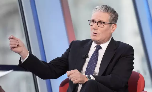 British Prime Minister Keir Starmer speaks on the BBC 1 current affairs programme, Sunday, Sept. 28, 2025, with Laura Kuenssberg in Liverpool. (Stefan Rousseau/Pool via AP)