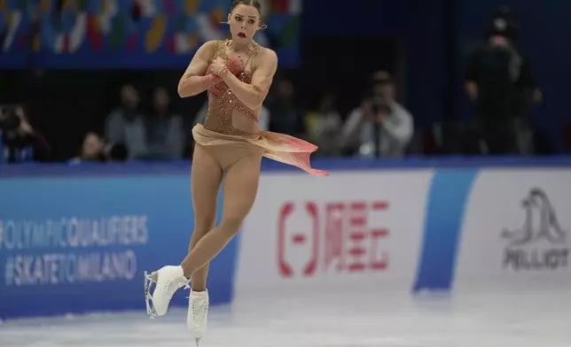 Loena Hendrickx, of Belgium, performs during the women's free skating program at the ISU Skate to Milano figure skating qualifier, Saturday, Sept. 20, 2025, in Beijing, China. (AP Photo/Mahesh Kumar A.)