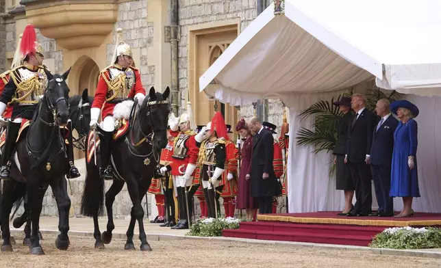 From left, Britain's Kate, Princess of Wales, Britain's Prince William, President Donald Trump and first lady Melania Trump, Britain's King Charles III and Britain's Queen Camilla during an arrival ceremony at Windsor Castle, in Windsor, England, Wednesday, Sept. 17, 2025. (AP Photo/Evan Vucci)