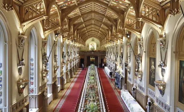 The table setting for the state banquet of the state visit by the U.S. President Donald Trump and First Lady Melania Trump, at the Windsor Castle in Windsor, England, Wednesday Sept. 17, 2025. (Anna Moneymaker/Pool Photo via AP)