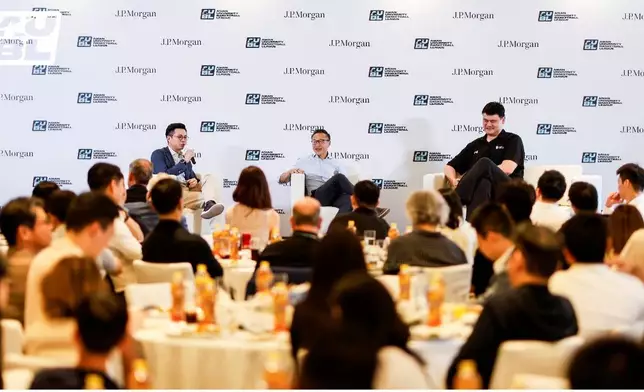 Jay Li, Joe Tsai, and Yao Ming on stage during the fireside chat at the VIP Luncheon