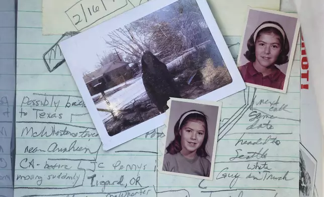 Family photos of Marion Vinetta Nagle McWhorter, who disappeared in 1974 in Oregon and whose remains were recently confirmed by DNA from her sister Valerie Nagle, are seen over notes taken by Nagle about McWhorter's disappearance Thursday, Sept. 18, 2025, in Seattle. (AP Photo/Lindsey Wasson)