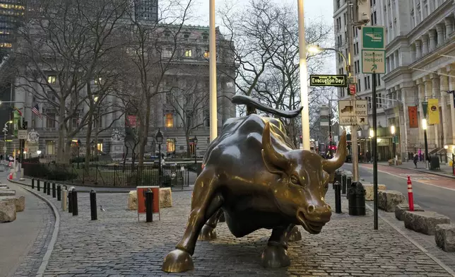 FILE - In this Jan. 10, 2020, file photo, the Charging Bull stands in Manhattan's financial district in New York. (AP Photo/Mark Lennihan, File)