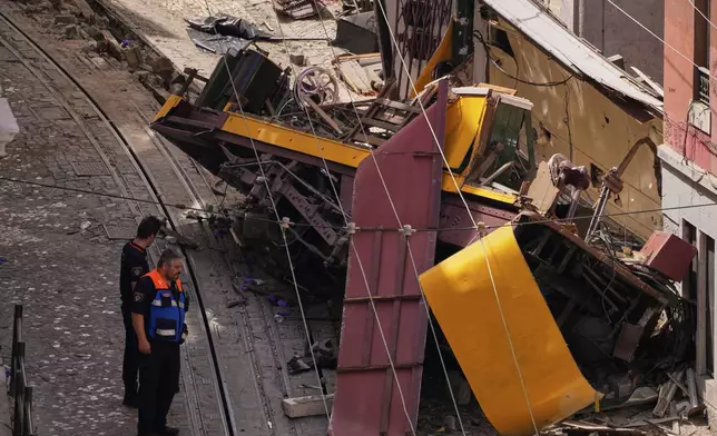 Police officers inspect the site where a tourist streetcar derailed and crashed in Lisbon, Portugal, Thursday, Sept. 4, 2025. (AP Photo/Armando Franca)