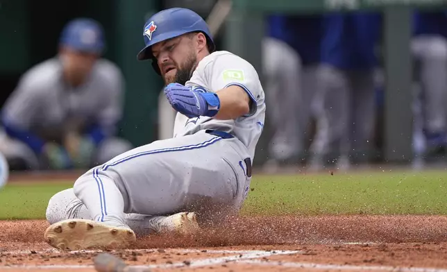 Toronto Blue Jays Nathan Lukes slides home to score on a single by Andres Gimenez during the second inning of a baseball game against the Kansas City Royals, Sunday, Sept. 21, 2025, in Kansas City, Mo. (AP Photo/Charlie Riedel)