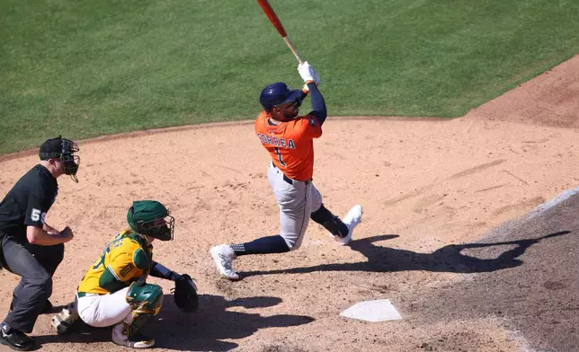 Houston Astros' Carlos Correa hits an RBI double during the seventh inning of a baseball game against the Athletics, Thursday, Sept. 25, 2025, in West Sacramento, Calif. (AP Photo/Scott Marshall)
