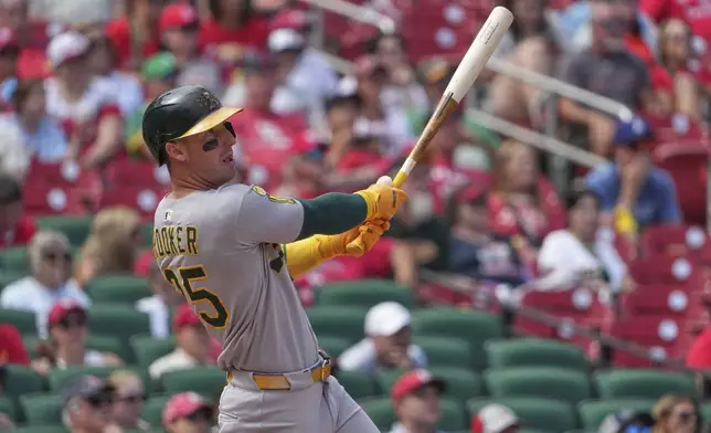Athletics' Brent Rooker follows through on a ground-rule double to score Lawrence Butler during the seventh inning of a baseball game against the St. Louis Cardinals Monday, Sept. 1, 2025, in St. Louis. (AP Photo/Jeff Roberson)