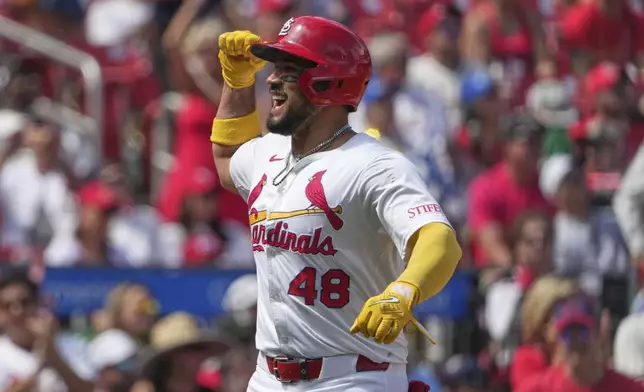 St. Louis Cardinals' Ivan Herrera celebrates after hitting a solo home run during the fourth inning of a baseball game against the Athletics Monday, Sept. 1, 2025, in St. Louis. (AP Photo/Jeff Roberson)