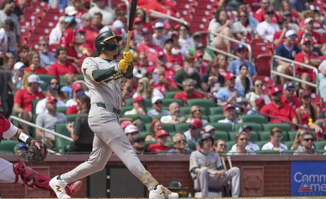 Athletics' JJ Bleday follows through on a two-run home run during the fourth inning of a baseball game against the St. Louis Cardinals Monday, Sept. 1, 2025, in St. Louis. (AP Photo/Jeff Roberson)