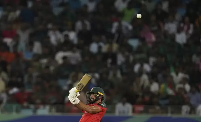 Bangladesh's Saif Hassan plays a shot during the Asia Cup cricket match between Bangladesh and Sri Lanka at Dubai International Cricket Stadium in Dubai, United Arab Emirates, Saturday, Sept. 20, 2025. (AP Photo/Altaf Qadri)