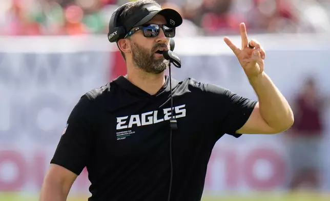 Philadelphia Eagles head coach Nick Sirianni reacts on the sideline during the second half of an NFL football game against the Tampa Bay Buccaneers, Sunday, Sept. 28, 2025, in Tampa, Fla. (AP Photo/Chris O'Meara)