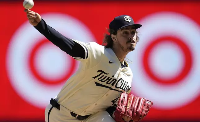 Minnesota Twins starting pitcher Joe Ryan (41) delivers during the fifth inning of a baseball game against the San Diego Padres, Sunday, Aug. 31, 2025, in Minneapolis. (AP Photo/Abbie Parr)