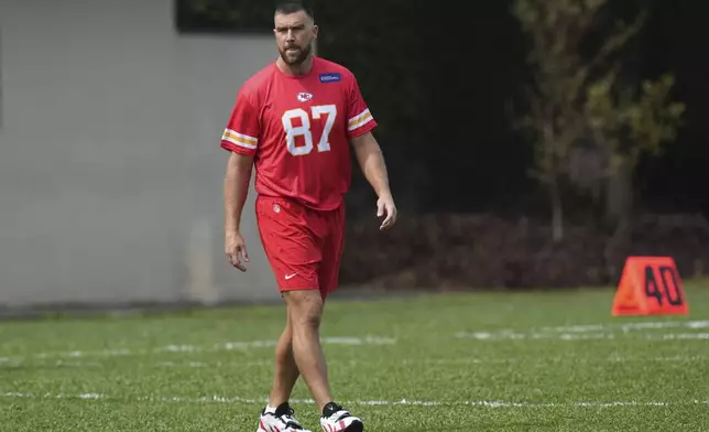 Kansas City Chiefs tight end Travis Kelce walks on the field during a training session prior to a NFL football game against Los Angeles Chargers, in Sao Paulo, Brazil, Thursday, Sept. 4, 2025. (AP Photo/Fernando Llano)
