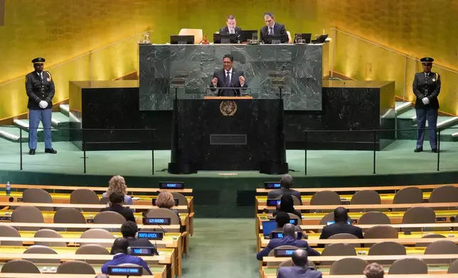 Haiti President Franck Laurent Saint Cyr addresses the 80th session of the United Nations General Assembly, Thursday, Sept. 25, 2025. (AP Photo/Richard Drew)