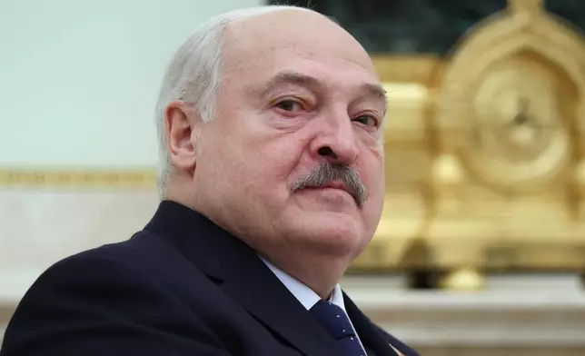 Belarusian President Alexander Lukashenko meets with Russian President Vladimir Putin at the Kremlin in Moscow, Russia, Friday, Sept. 26, 2025. (Ramil Sitdikov/Pool Photo via AP)