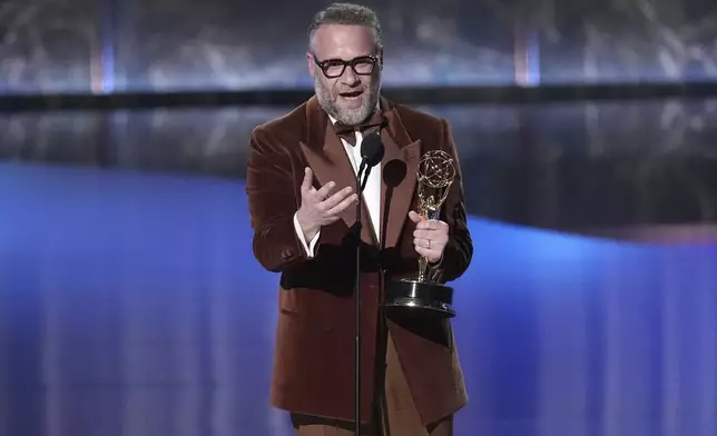 Seth Rogen accepts the award for outstanding lead actor in a comedy series for "The Studio" during the 77th Primetime Emmy Awards on Sunday, Sept. 14, 2025, at the Peacock Theater in Los Angeles. (AP Photo/Chris Pizzello)