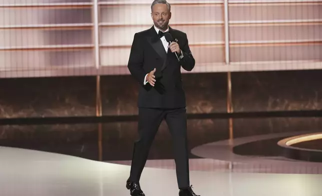 Host Nate Bargatze speaks during the 77th Primetime Emmy Awards on Sunday, Sept. 14, 2025, at the Peacock Theater in Los Angeles. (AP Photo/Chris Pizzello)
