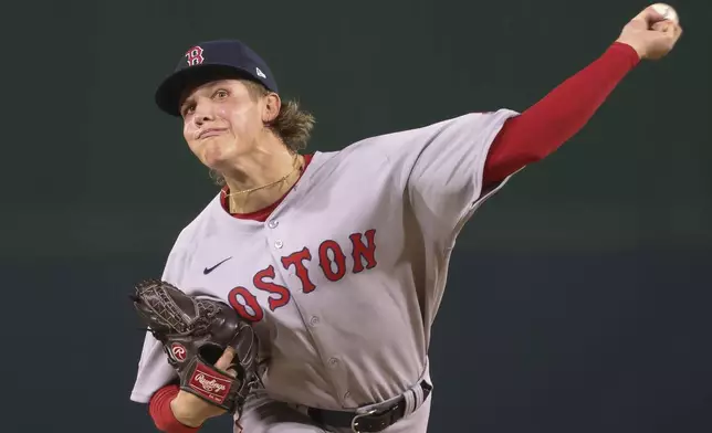 Boston Red Sox starting pitcher Connelly Early throws to an Athletics batter during the third inning of a baseball game as he makes his MLB Debut, Tuesday, Sept. 9, 2025, in West Sacramento, Calif. (AP Photo/Scott Marshall)