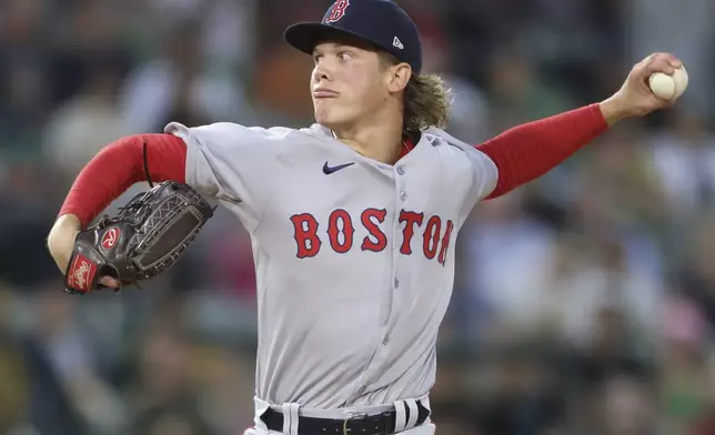Boston Red Sox starting pitcher Connelly Early throws to an Athletics batter during the first inning of a baseball game as he make his MLB Debut, Tuesday, Sept. 9, 2025, in West Sacramento, Calif. (AP Photo/Scott Marshall)