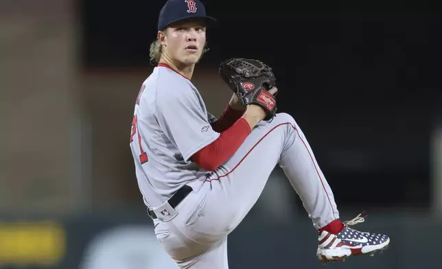 Boston Red Sox starting pitcher Connelly Early throws to an Athletics batter during the third inning of a baseball game as he makes his MLB Debut, Tuesday, Sept. 9, 2025, in West Sacramento, Calif. (AP Photo/Scott Marshall)