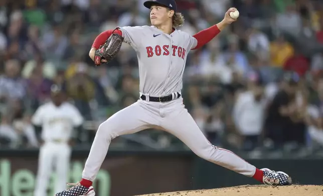 Boston Red Sox starting pitcher Connelly Early throws to an Athletics batter during the first inning of a baseball game as he make his MLB Debut, Tuesday, Sept. 9, 2025, in West Sacramento, Calif. (AP Photo/Scott Marshall)