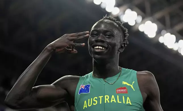 Australia's Gout Gout reacts after finishing a men's 200 meters semifinal at the World Athletics Championships in Tokyo, Thursday, Sept. 18, 2025. (AP Photo/Petr David Josek)