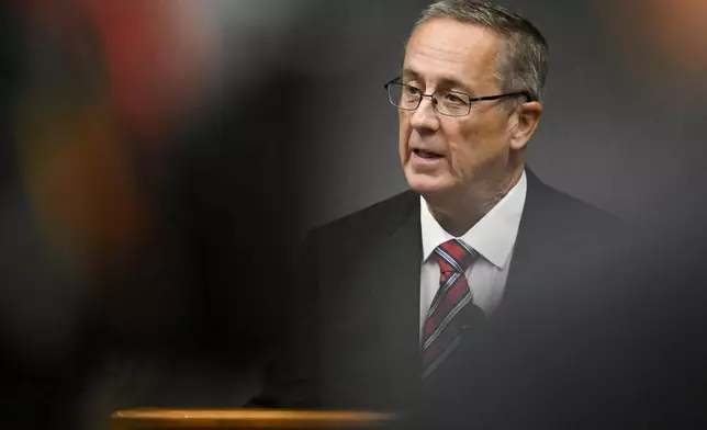Utah County Attorney Jeff Gray speaks during a press conference announcing charges filed against Tyler Robinson, the man accused of fatally shooting conservative activist Charlie Kirk, Tuesday, Sept. 16, 2025, in Provo, Utah. (AP Photo/Alex Goodlett)