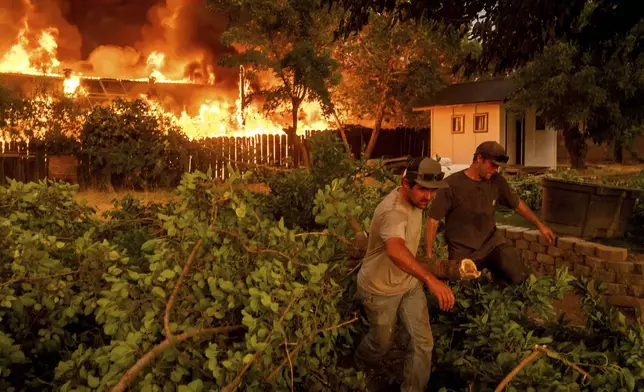 Layne Smith, left, clears vegetation to stop flames from spreading to his home as the 6-5 Fire burns through the Chinese Camp community of Tuolumne County, Calif., on Tuesday, Sept. 2, 2025. (AP Photo/Noah Berger)