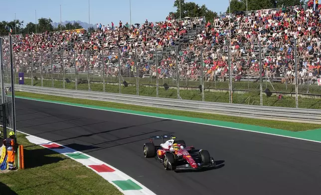 Ferrari driver Lewis Hamilton of Britain steers his car during the second free practice ahead of the Italian Grand Prix at the Monza racetrack in Monza, Italy, Friday, Sept. 5, 2025. (AP Photo/Luca Bruno)