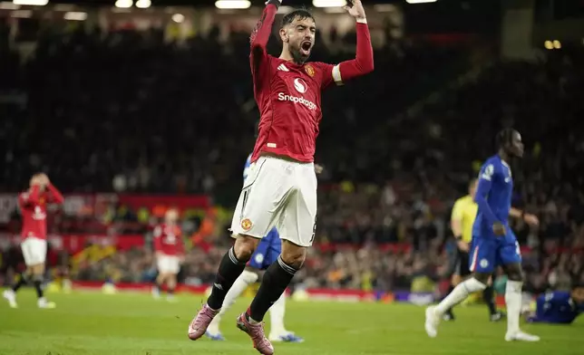 Manchester United's Bruno Fernandes reacts during the English Premier League soccer match between Manchester United and Chelsea at the Old Trafford stadium in Manchester, England, Saturday, Sept. 20, 2025. (AP Photo/Dave Thompson)