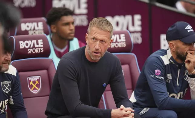 West Ham's head coach Graham Potter sits on the bench prior to the English Premier League soccer match between West Ham United and Crystal Palace at the London Stadium in London, Saturday, Sept. 20, 2025. (AP Photo/Kin Cheung)