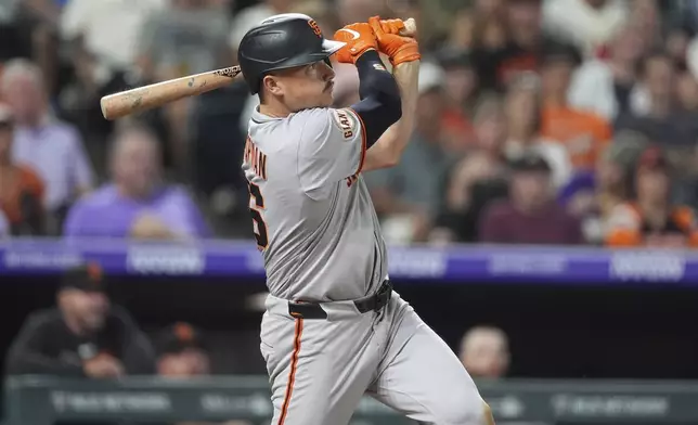 San Francisco Giants' Matt Chapman follows the flight of his three-run home run off Colorado Rockies relief pitcher Juan Mejia in the sixth inning of a baseball game Wednesday, Sept. 3, 2025, in Denver. (AP Photo/David Zalubowski)