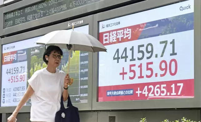 People walks past an electronic stock board showing Japan's Nikkei index at a securities firm Tuesday, Sept. 9, 2025, in Tokyo. (Kyodo News via AP)