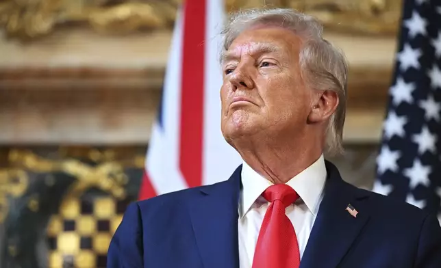 President Donald Trump attends a joint press conference with Britain's Prime Minister Keir Starmer at Chequers near Aylesbury, England, Thursday, Sept. 18, 2025. (Leon Neal, Pool via AP)