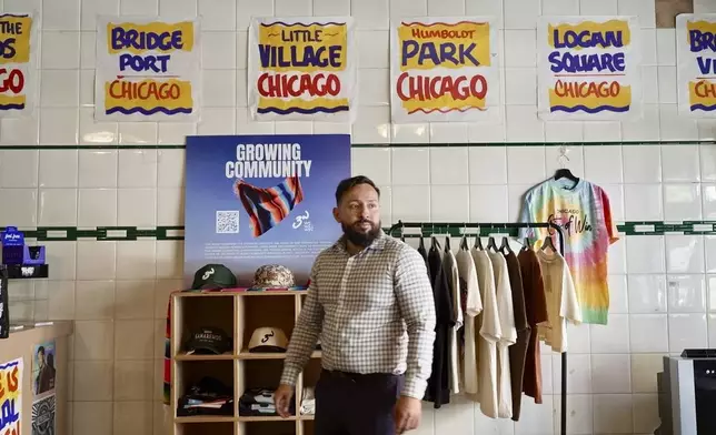 Fabio Fernandez arranges clothes for his residency at Definitive Selection clothing store, one of many businesses in the predominantly Latino neighborhood that has seen a slowdown in foot traffic since President Donald Trump's threats of a federal law enforcement intervention, on Friday, Sept. 5, 2025 in Chicago. (AP Photo/Mark Vancleave)