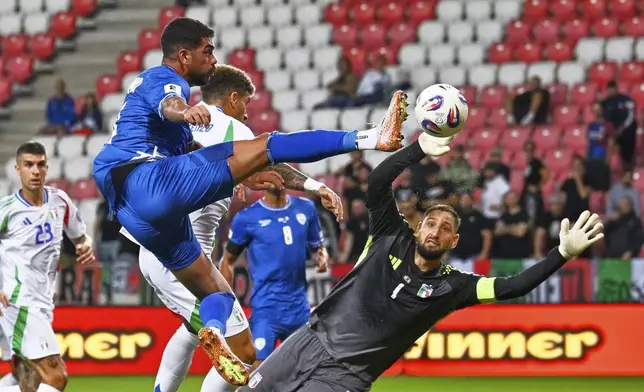 Israel's Manor Solomon, left, in action against Italy's goalkeeper Gianluigi Donnarumma during a Group I, World Cup qualifier soccer match between Israel and Italy at the Nagyerdei Stadium in Debrecen, Hungary, Monday, Sept. 8, 2025. (AP Photo/Denes Erdos)