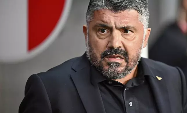 Italy's head coach Gennaro Gattuso waits for the start of a Group I, World Cup qualifier soccer match between Israel and Italy at the Nagyerdei Stadium in Debrecen, Hungary, Monday, Sept. 8, 2025. (AP Photo/Denes Erdos)