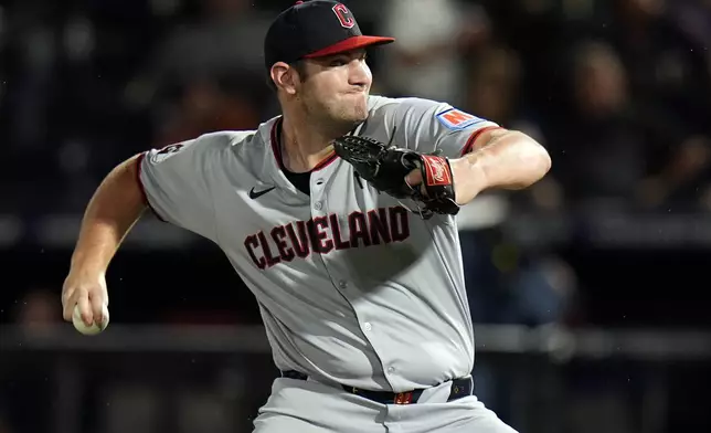 Cleveland Guardians pitcher Gavin Williams delivers to the Tampa Bay Rays during the first inning of a baseball game Friday, Sept. 5, 2025, in Tampa, Fla. (AP Photo/Chris O'Meara)
