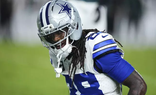 Dallas Cowboys wide receiver CeeDee Lamb (88) looks to the sideline after Lamb was unable to catch a long pass late in the second half of an NFL football game against the Philadelphia Eagles Friday, Sept. 5, 2025, in Philadelphia. (AP Photo/Matt Rourke)